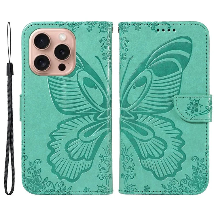 For iPhone 16 Pro Case Butterfly Imprinted Leather Wallet Phone Folio Cover