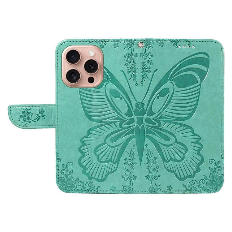 For iPhone 16 Pro Case Butterfly Imprinted Leather Wallet Phone Folio Cover