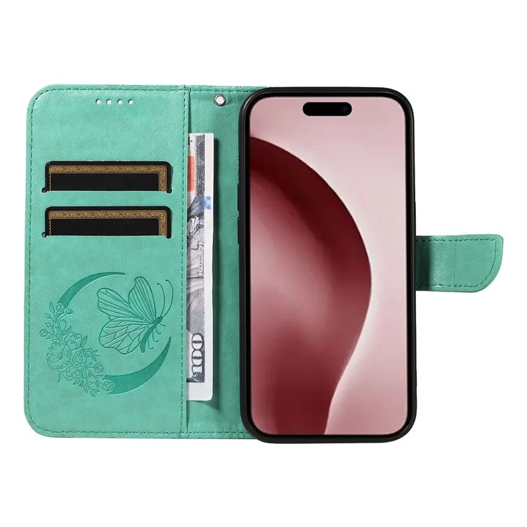 For iPhone 16 Pro Case Butterfly Imprinted Leather Wallet Phone Folio Cover