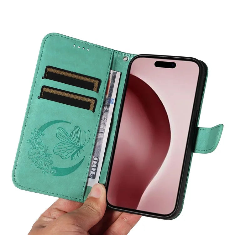 For iPhone 16 Pro Case Butterfly Imprinted Leather Wallet Phone Folio Cover