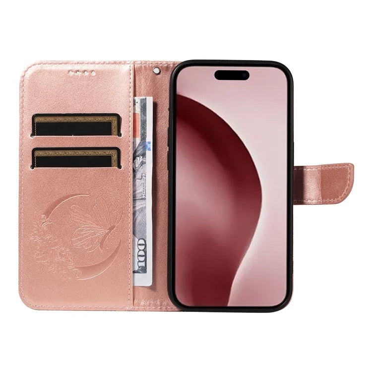 For iPhone 16 Pro Case Butterfly Imprinted Leather Wallet Phone Folio Cover