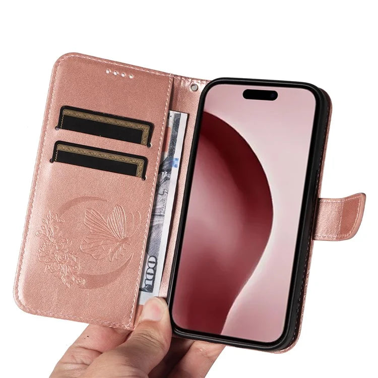 For iPhone 16 Pro Case Butterfly Imprinted Leather Wallet Phone Folio Cover