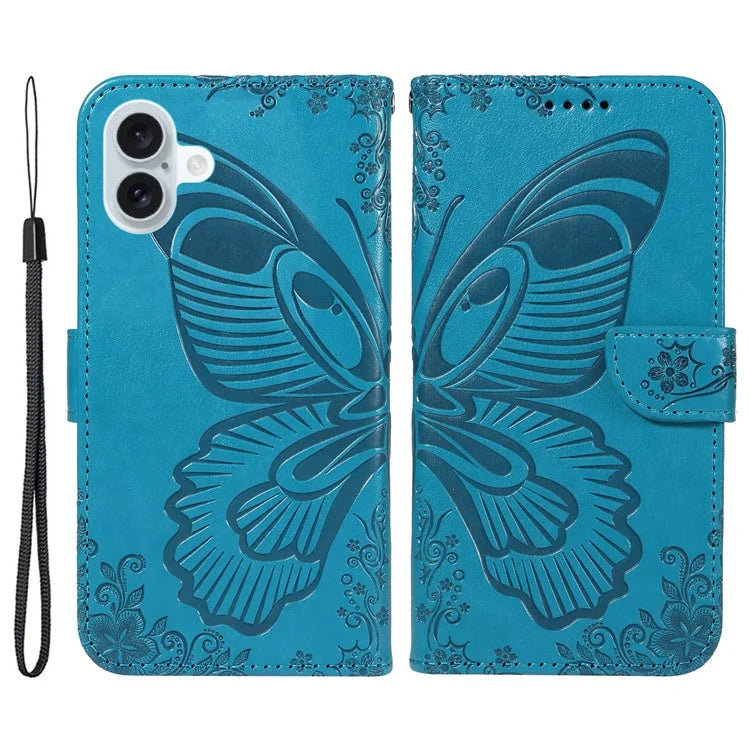 For iPhone 16 Plus Leather Case Butterfly Pattern Wallet Card Slots Phone Cover