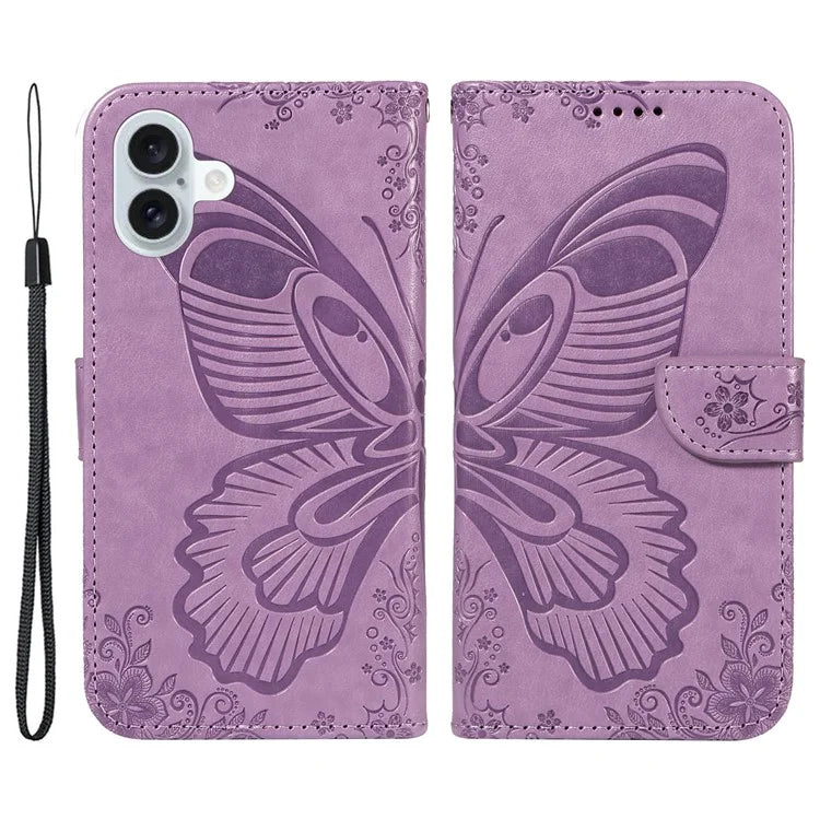 For iPhone 16 Plus Leather Case Butterfly Pattern Wallet Card Slots Phone Cover