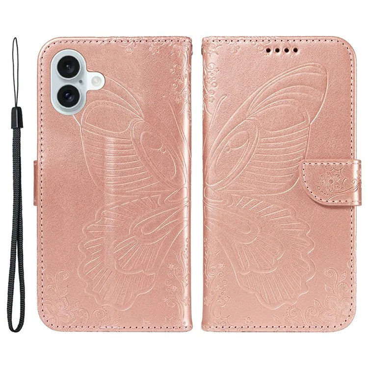For iPhone 16 Plus Leather Case Butterfly Pattern Wallet Card Slots Phone Cover