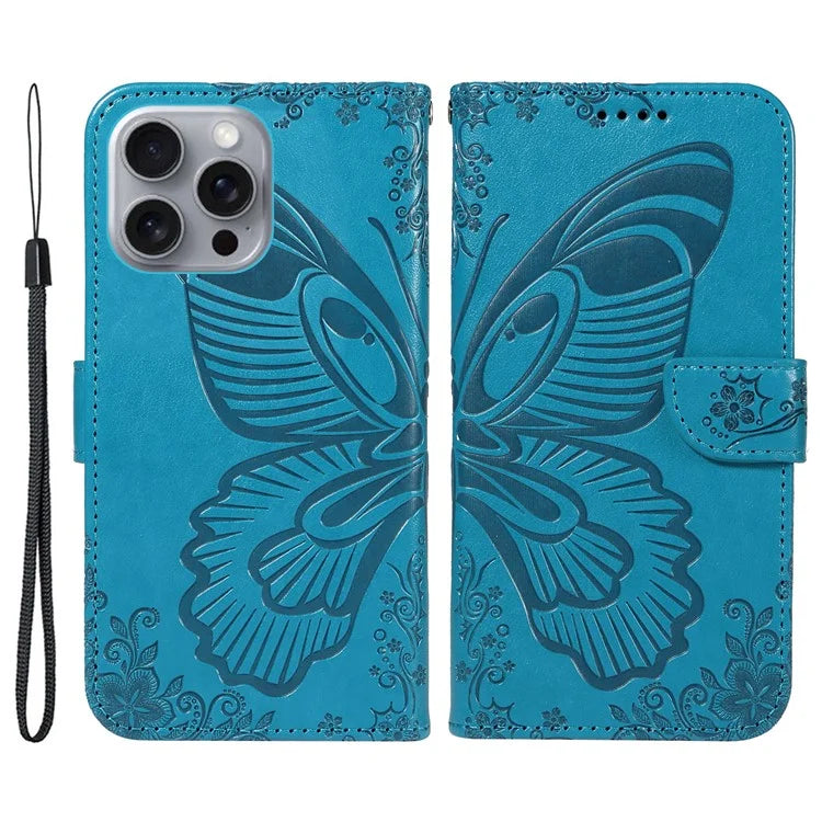 For iPhone 16 Pro Max Case Butterfly Imprint Anti-Shock Leather Phone Cover