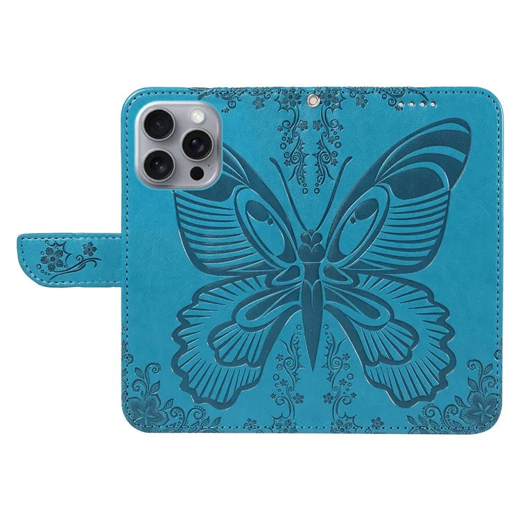 For iPhone 16 Pro Max Case Butterfly Imprint Anti-Shock Leather Phone Cover