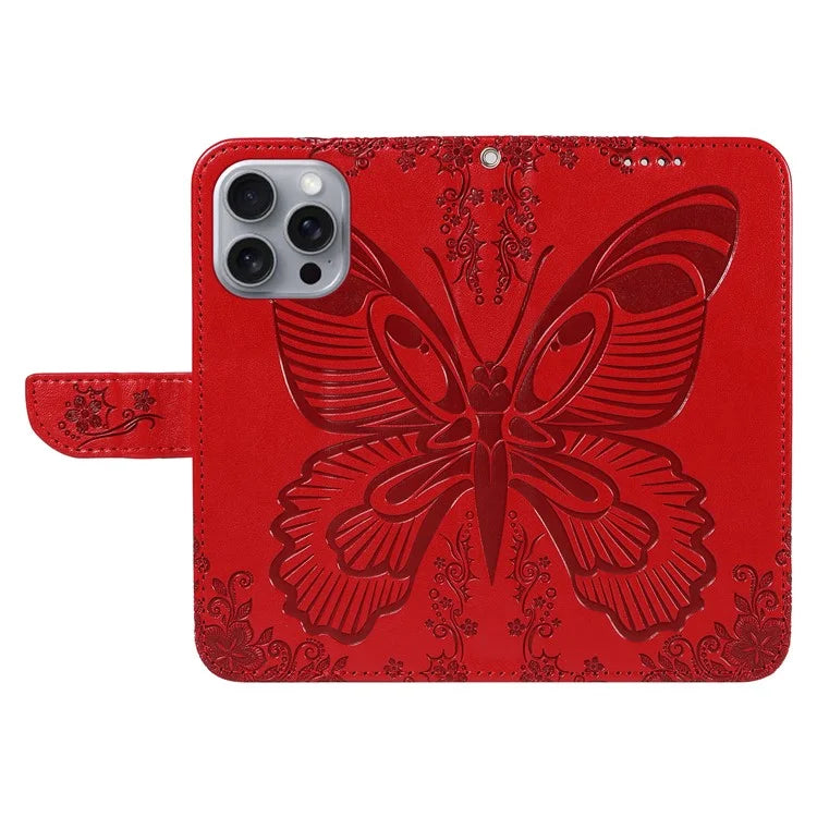 For iPhone 16 Pro Max Case Butterfly Imprint Anti-Shock Leather Phone Cover
