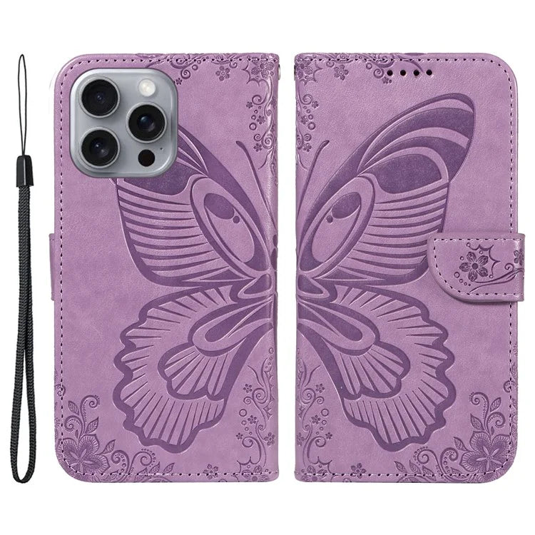 For iPhone 16 Pro Max Case Butterfly Imprint Anti-Shock Leather Phone Cover