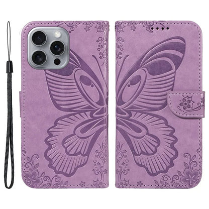 For iPhone 16 Pro Max Case Butterfly Imprint Anti-Shock Leather Phone Cover