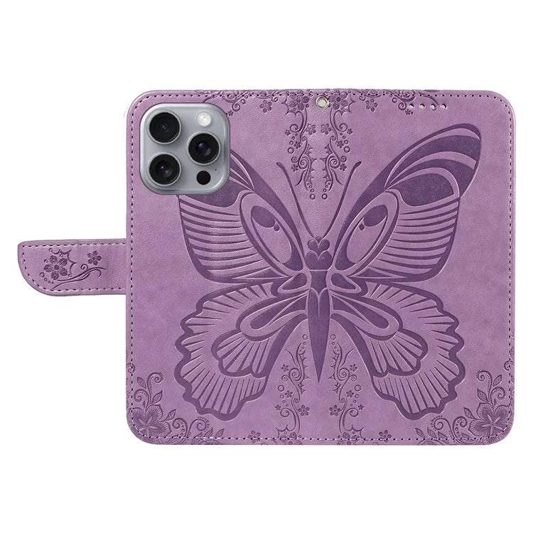 For iPhone 16 Pro Max Case Butterfly Imprint Anti-Shock Leather Phone Cover