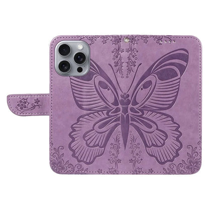 For iPhone 16 Pro Max Case Butterfly Imprint Anti-Shock Leather Phone Cover