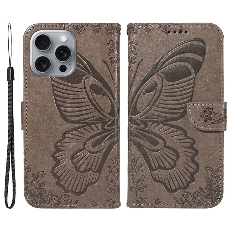 For iPhone 16 Pro Max Case Butterfly Imprint Anti-Shock Leather Phone Cover