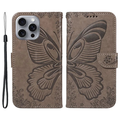 For iPhone 16 Pro Max Case Butterfly Imprint Anti-Shock Leather Phone Cover