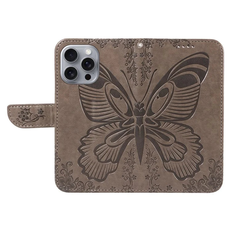For iPhone 16 Pro Max Case Butterfly Imprint Anti-Shock Leather Phone Cover