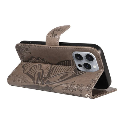 For iPhone 16 Pro Max Case Butterfly Imprint Anti-Shock Leather Phone Cover