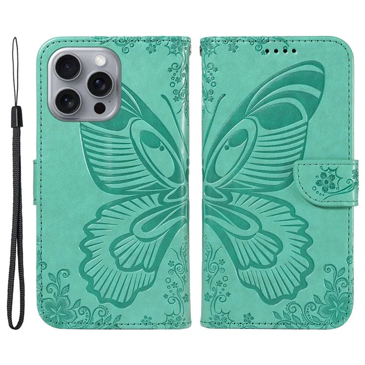 For iPhone 16 Pro Max Case Butterfly Imprint Anti-Shock Leather Phone Cover