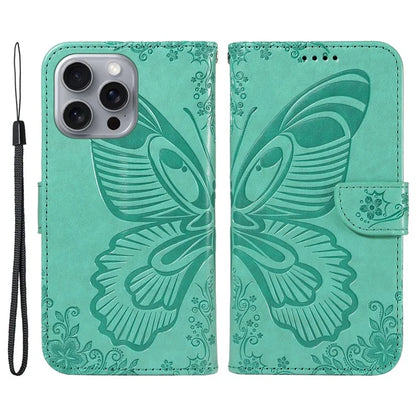 For iPhone 16 Pro Max Case Butterfly Imprint Anti-Shock Leather Phone Cover