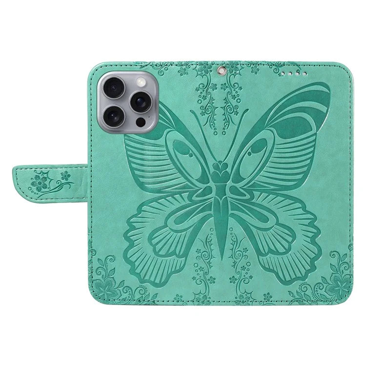 For iPhone 16 Pro Max Case Butterfly Imprint Anti-Shock Leather Phone Cover