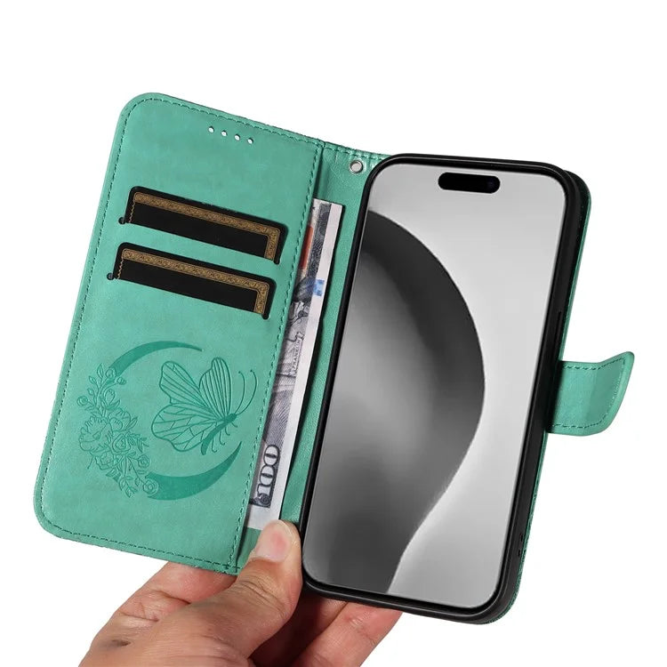 For iPhone 16 Pro Max Case Butterfly Imprint Anti-Shock Leather Phone Cover