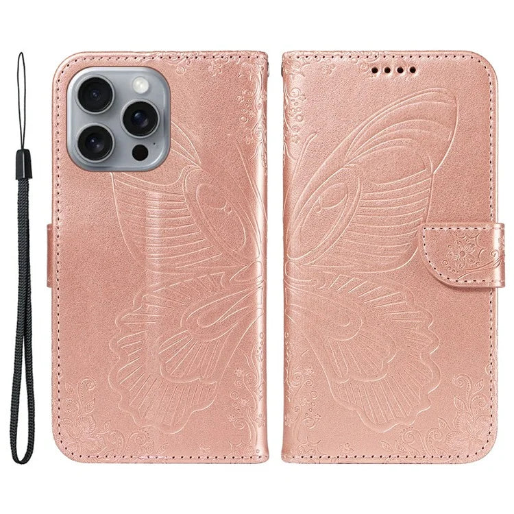 For iPhone 16 Pro Max Case Butterfly Imprint Anti-Shock Leather Phone Cover