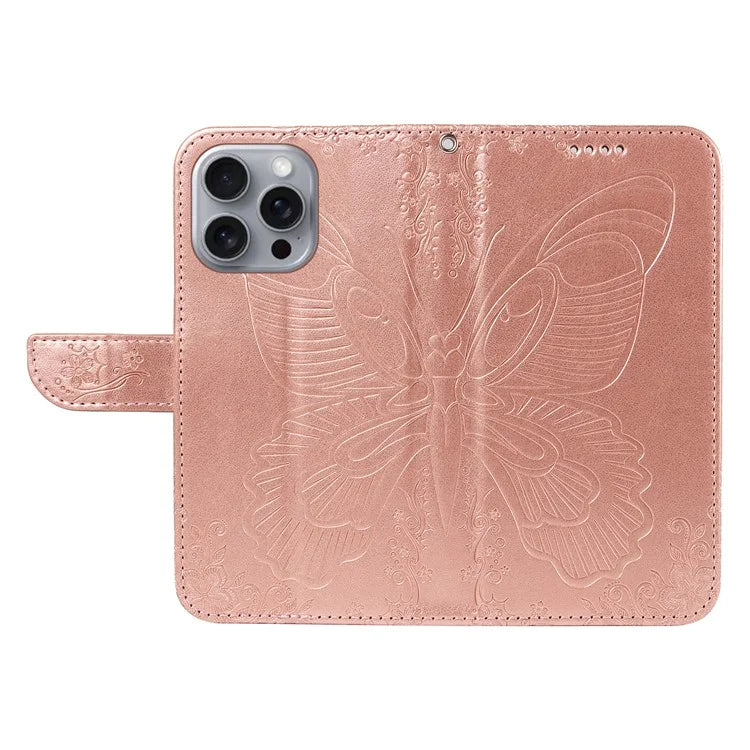 For iPhone 16 Pro Max Case Butterfly Imprint Anti-Shock Leather Phone Cover