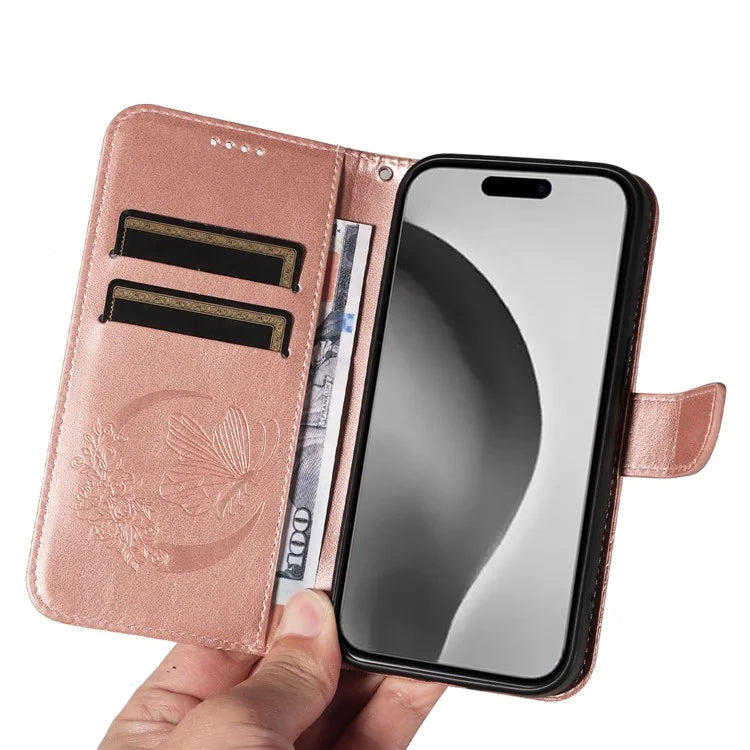For iPhone 16 Pro Max Case Butterfly Imprint Anti-Shock Leather Phone Cover