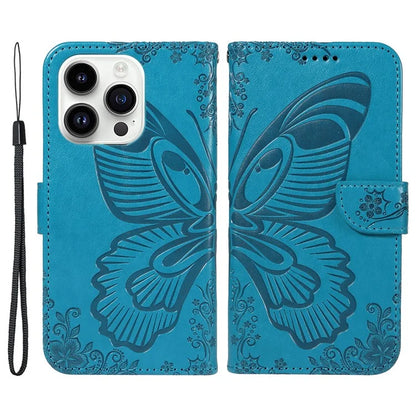 For iPhone 14 Pro Max Case Butterfly Imprinted Leather Phone Cover with Wrist Strap