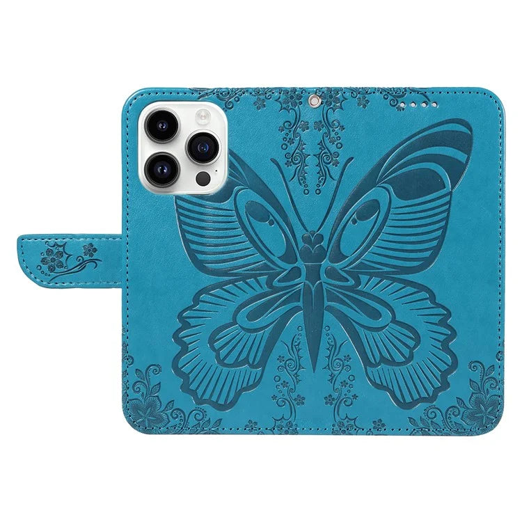 For iPhone 14 Pro Max Case Butterfly Imprinted Leather Phone Cover with Wrist Strap