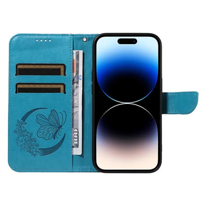 For iPhone 14 Pro Max Case Butterfly Imprinted Leather Phone Cover with Wrist Strap