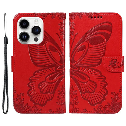 For iPhone 14 Pro Max Case Butterfly Imprinted Leather Phone Cover with Wrist Strap
