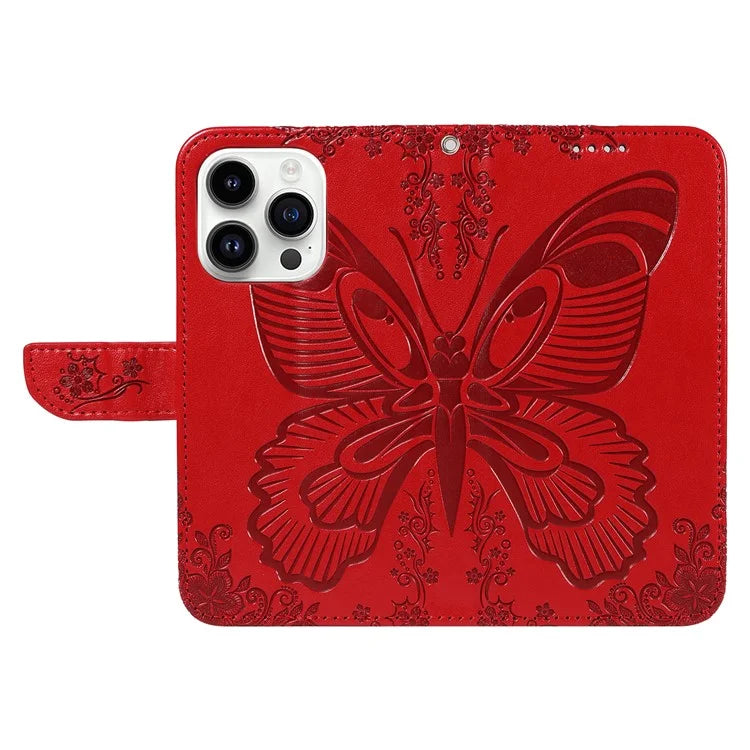 For iPhone 14 Pro Max Case Butterfly Imprinted Leather Phone Cover with Wrist Strap