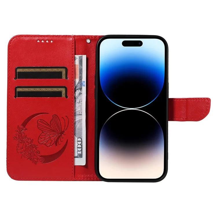 For iPhone 14 Pro Max Case Butterfly Imprinted Leather Phone Cover with Wrist Strap
