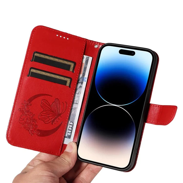 For iPhone 14 Pro Max Case Butterfly Imprinted Leather Phone Cover with Wrist Strap