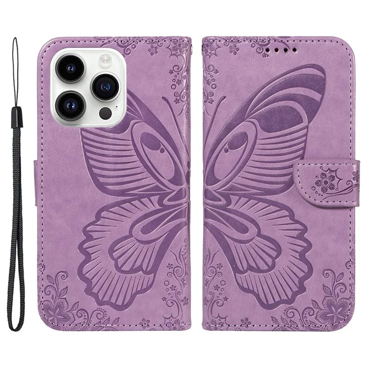 For iPhone 14 Pro Max Case Butterfly Imprinted Leather Phone Cover with Wrist Strap