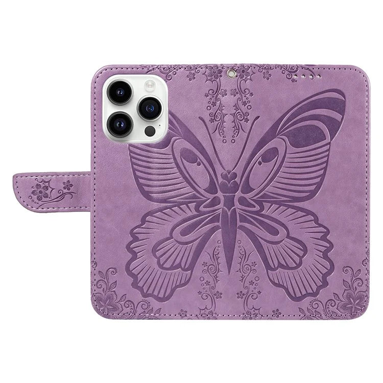 For iPhone 14 Pro Max Case Butterfly Imprinted Leather Phone Cover with Wrist Strap