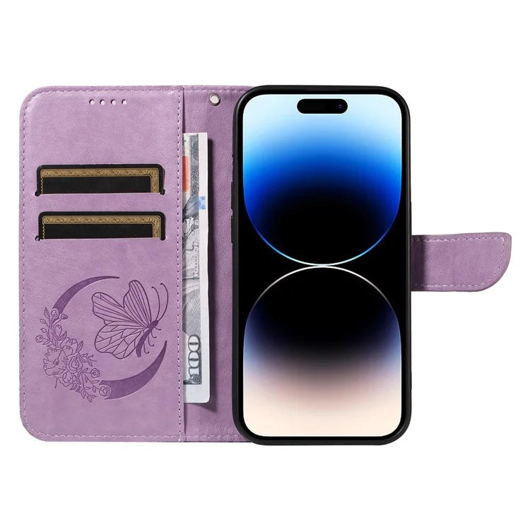 For iPhone 14 Pro Max Case Butterfly Imprinted Leather Phone Cover with Wrist Strap