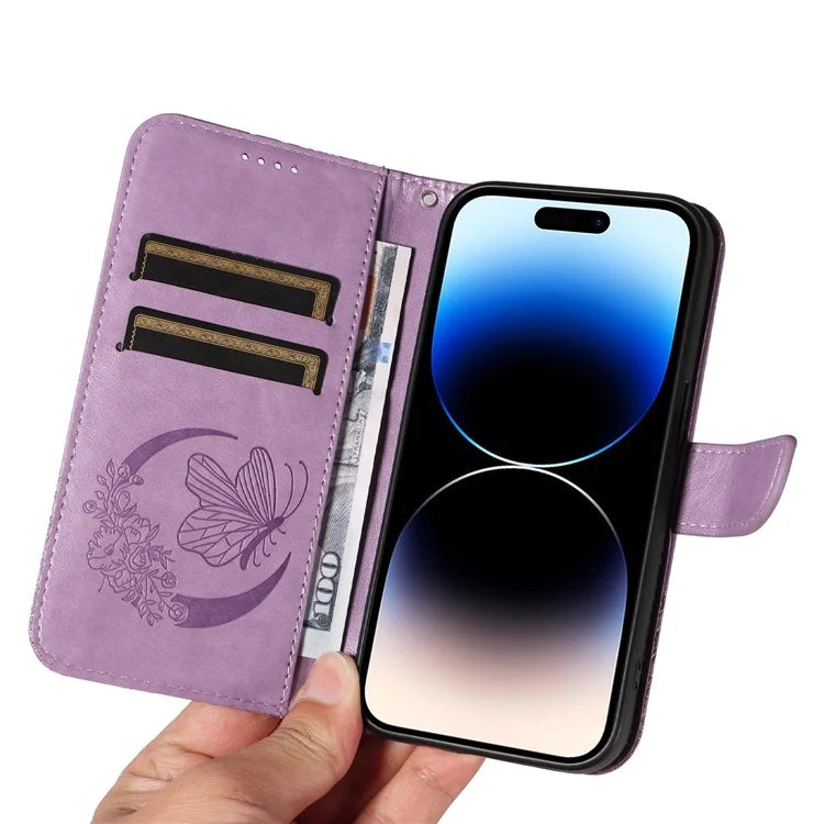 For iPhone 14 Pro Max Case Butterfly Imprinted Leather Phone Cover with Wrist Strap