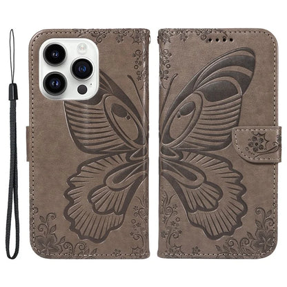 For iPhone 14 Pro Max Case Butterfly Imprinted Leather Phone Cover with Wrist Strap