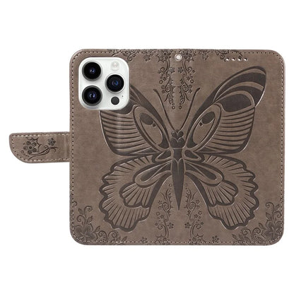 For iPhone 14 Pro Max Case Butterfly Imprinted Leather Phone Cover with Wrist Strap