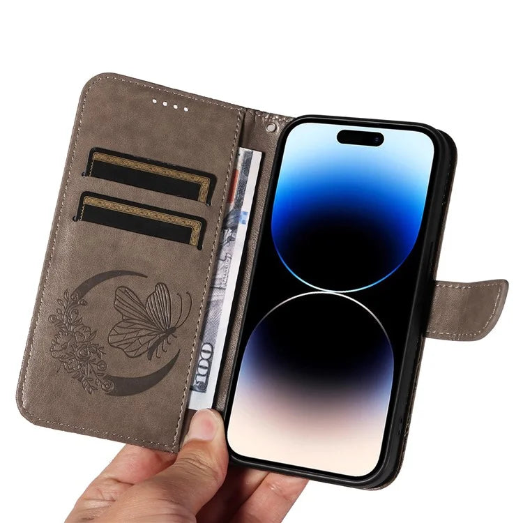 For iPhone 14 Pro Max Case Butterfly Imprinted Leather Phone Cover with Wrist Strap