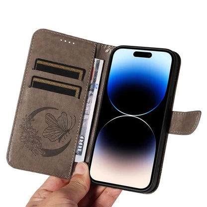 For iPhone 14 Pro Max Case Butterfly Imprinted Leather Phone Cover with Wrist Strap