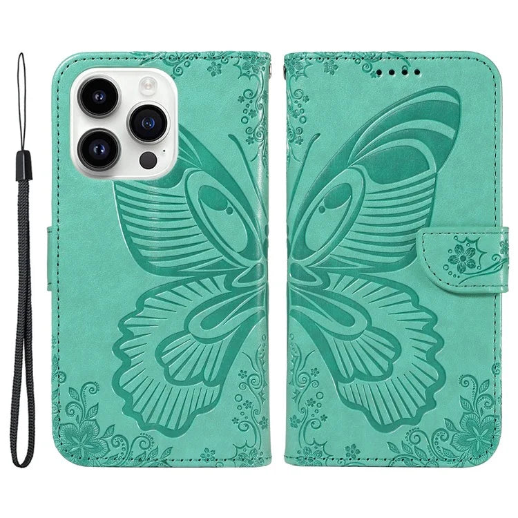 For iPhone 14 Pro Max Case Butterfly Imprinted Leather Phone Cover with Wrist Strap