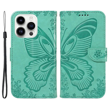 For iPhone 14 Pro Max Case Butterfly Imprinted Leather Phone Cover with Wrist Strap