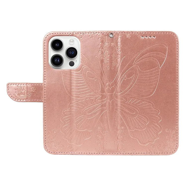 For iPhone 14 Pro Max Case Butterfly Imprinted Leather Phone Cover with Wrist Strap