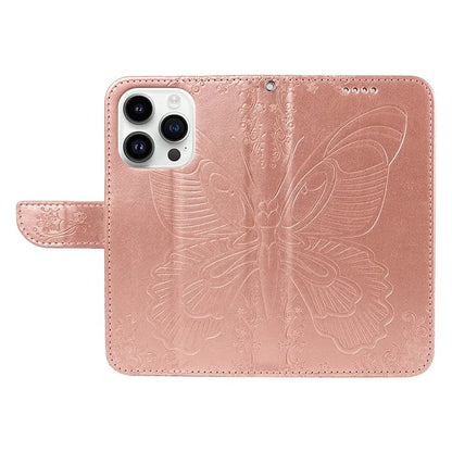 For iPhone 14 Pro Max Case Butterfly Imprinted Leather Phone Cover with Wrist Strap