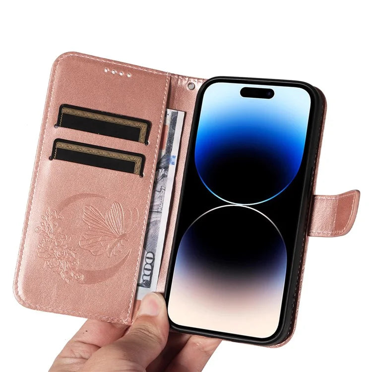 For iPhone 14 Pro Max Case Butterfly Imprinted Leather Phone Cover with Wrist Strap