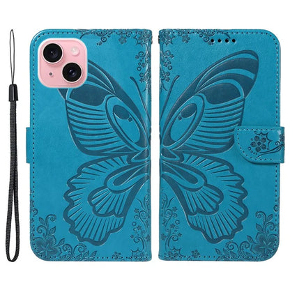 For iPhone 15 Case Leather Wallet Flip Phone Cover Butterfly Pattern
