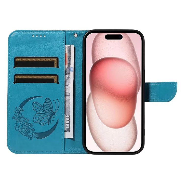 For iPhone 15 Case Leather Wallet Flip Phone Cover Butterfly Pattern