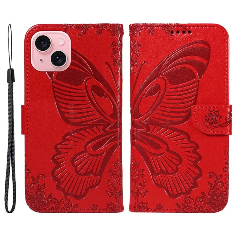 For iPhone 15 Case Leather Wallet Flip Phone Cover Butterfly Pattern